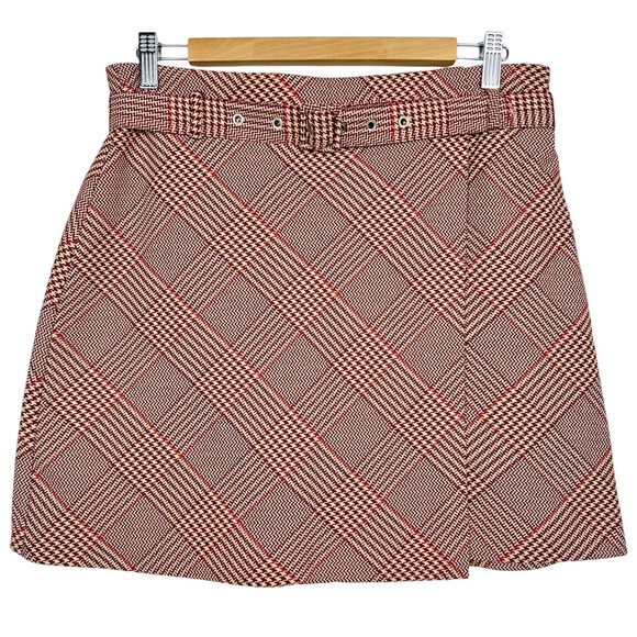 H&M Y2K Burgundy Glen Plaid Faux Wrap Belted Casual Retro Pencil Mini Skirt 10 - Picture 9 of 9